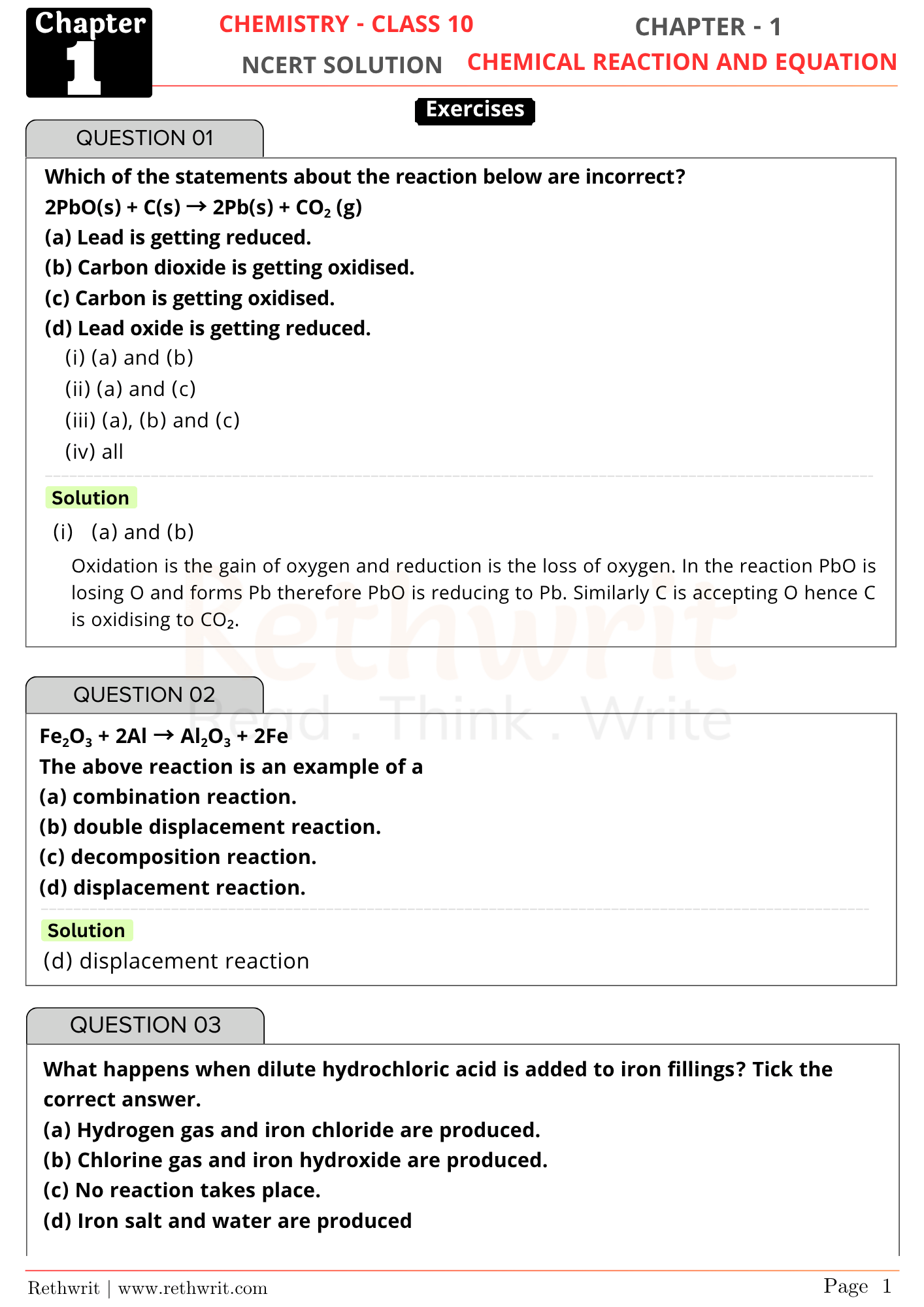 NCERT Solutions Class 10th Science Chapter 1