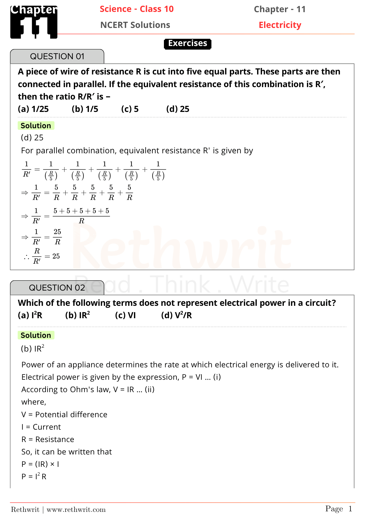 class 10 electricity ncert solutions