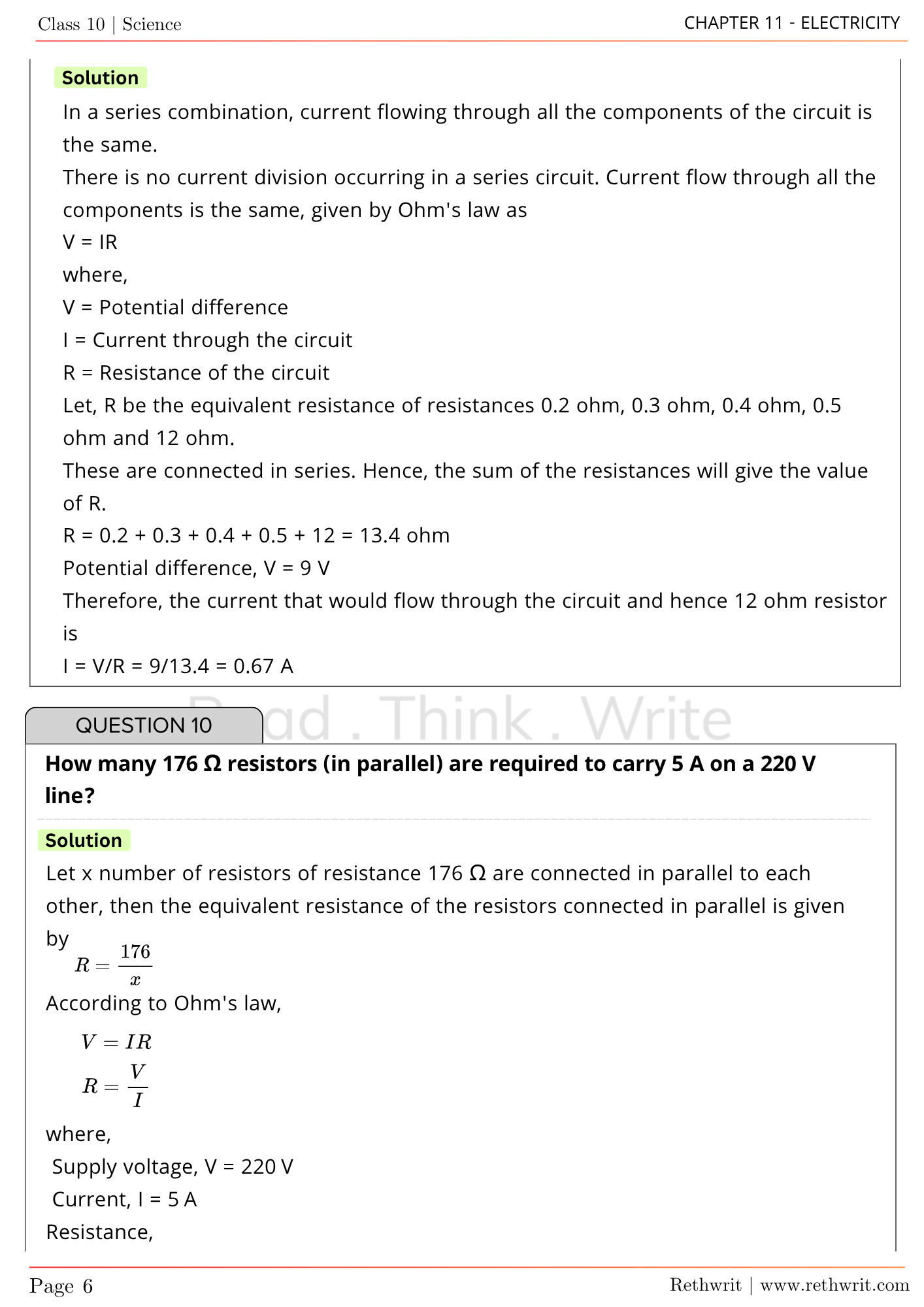 class 10 electricity ncert solutions