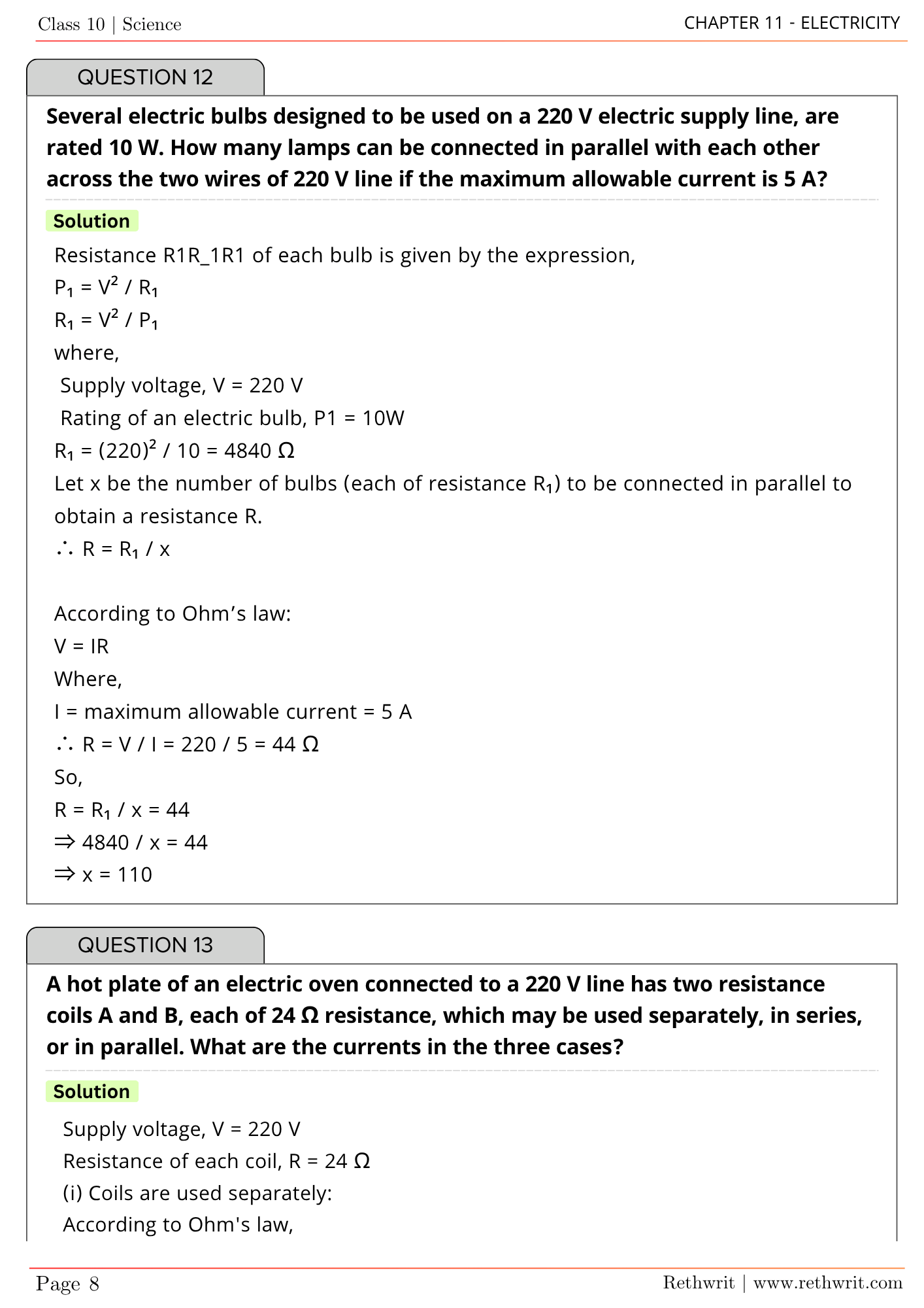 class 10 science electricity question answer