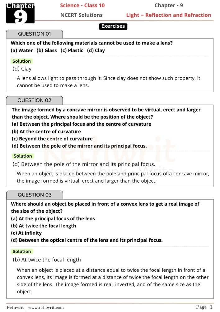 NCERT Solutions Class 10 Science Chapter 9