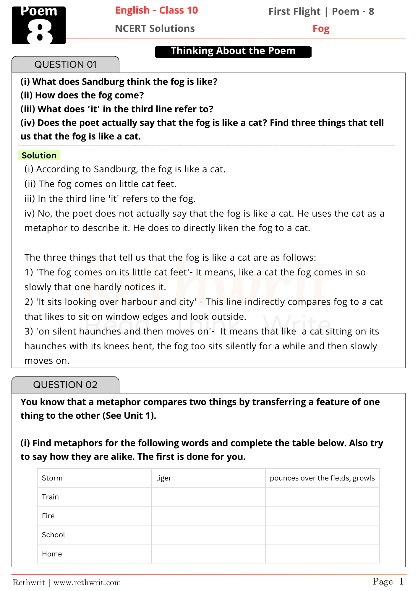 fog poem class 10 questions and answers