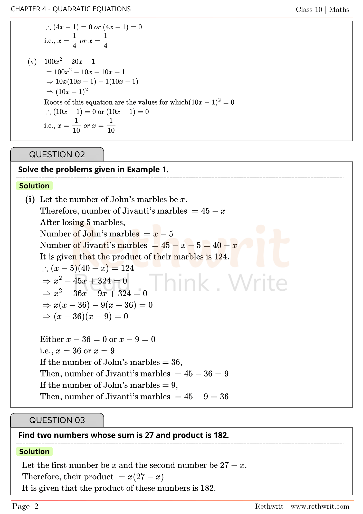 quadratic equation class 10 Ex 4.2